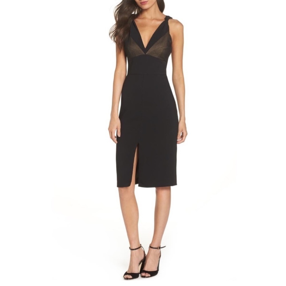 Harlyn Deep V-Neck Chiffon Inset Cocktail Sheath Dress Black LBD Size M